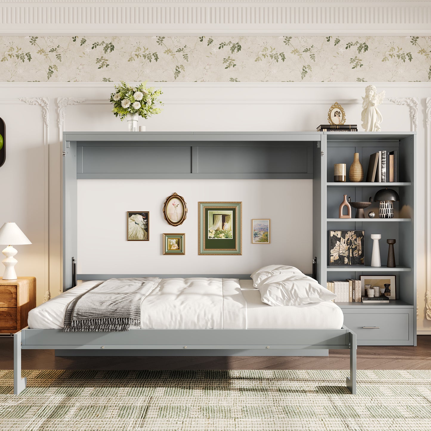 Queen Size Murphy Bed With Height Adjustable Storage Compartments And