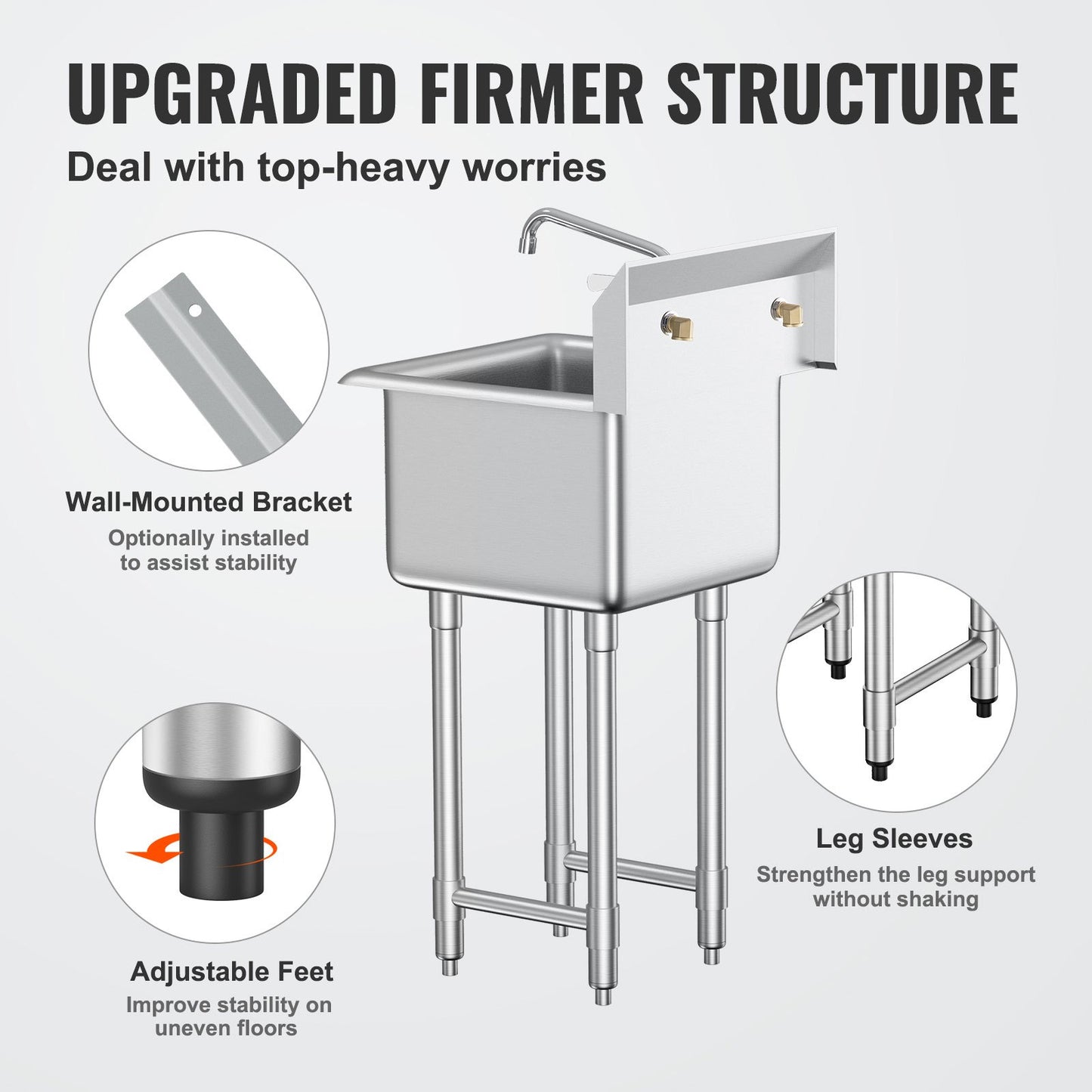 Commercial Stainless Steel Utility Sink with Faucet & Legs - 18"x41"