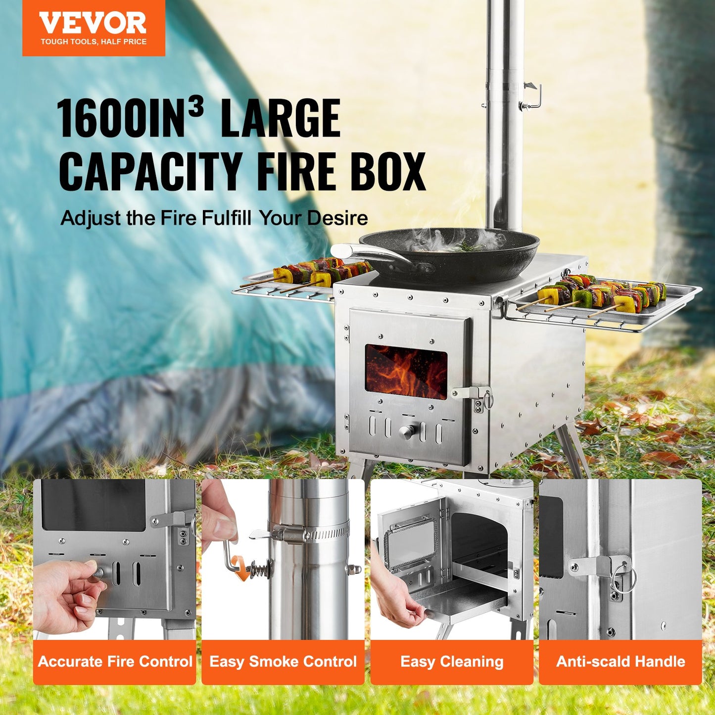 Portable Stainless Steel Wood Stove 86 Inch Camping Tent Heater with Chimney & Gloves