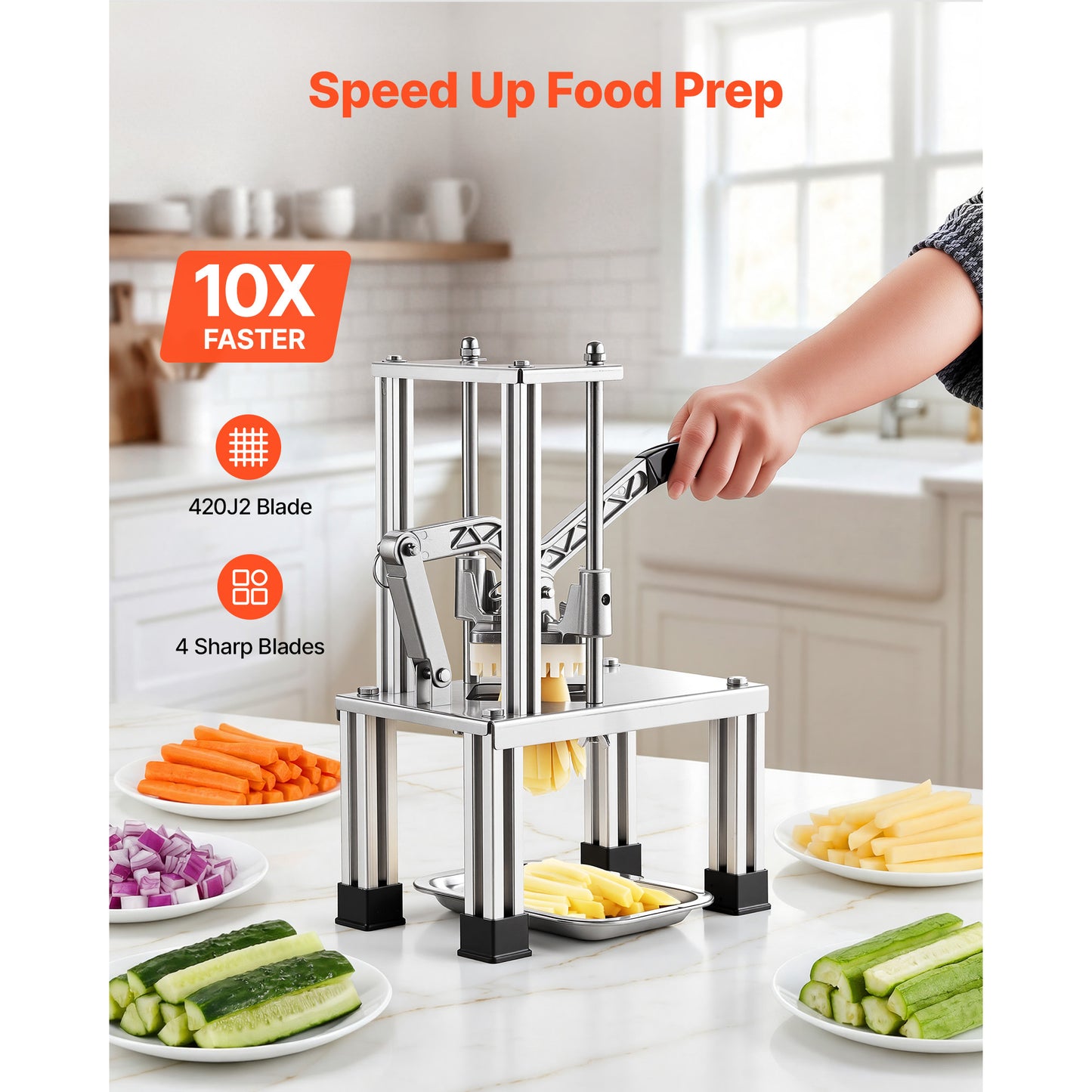 French Fry Cutter Commercial Vegetable Chopper with 4 Blades Stainless Steel Potato Slicer for Fries & Vegetables
