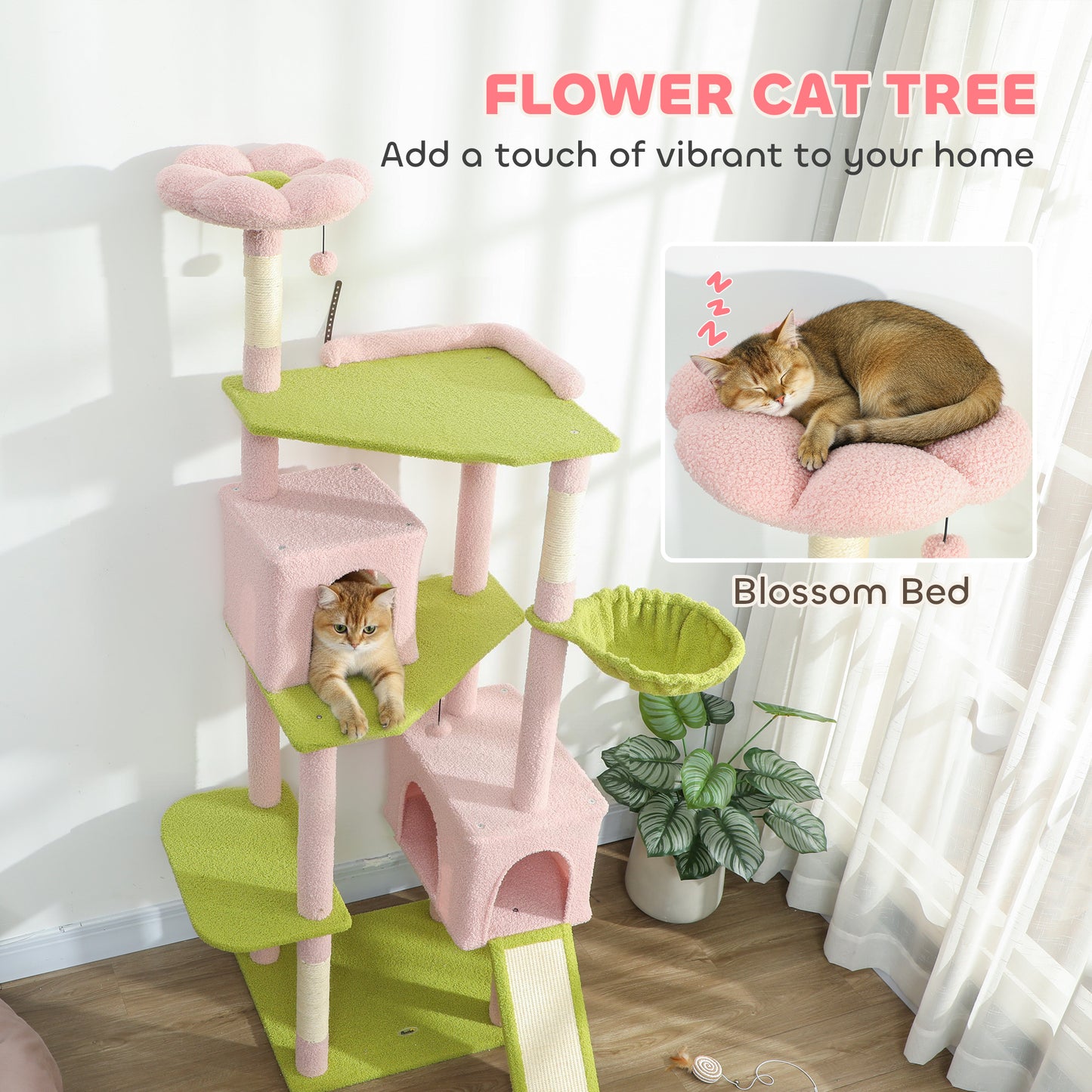 74-Inch Large Flower Cat Tree with Scratching Posts & Condos - Pink