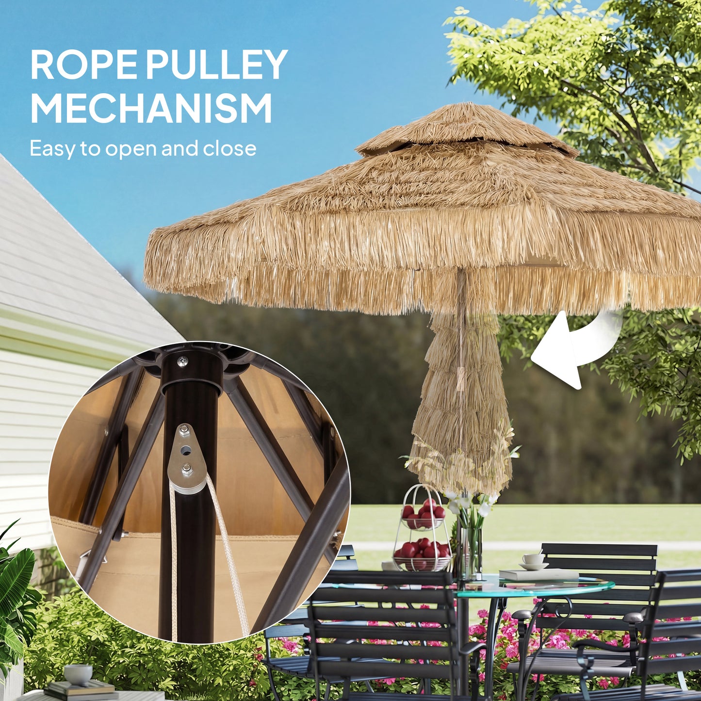 8.5 FT Tiki Patio Umbrella - Two-Tier Tropical Outdoor Canopy, Khaki