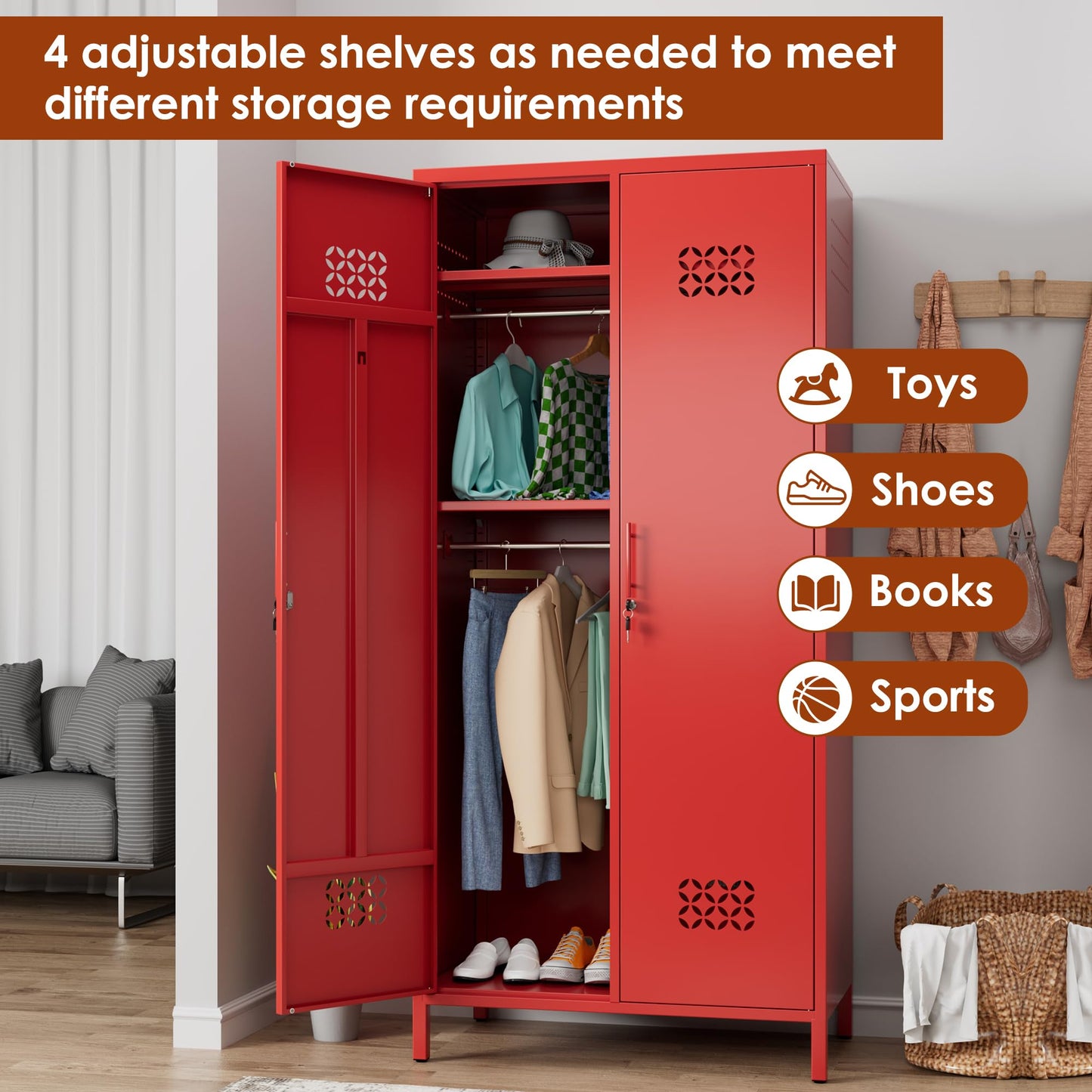 Metal Wardrobe Cabinet with Adjustable Shelves - Red