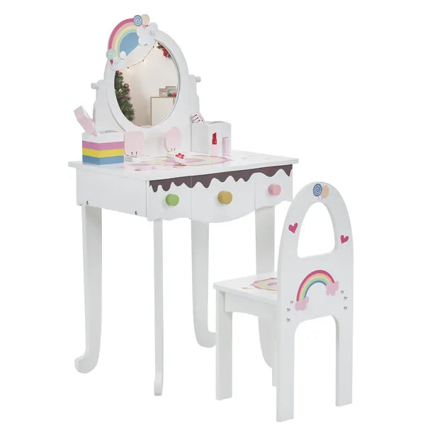 Kids Vanity Table and Chair Set with 7 Pretend Makeup Toys