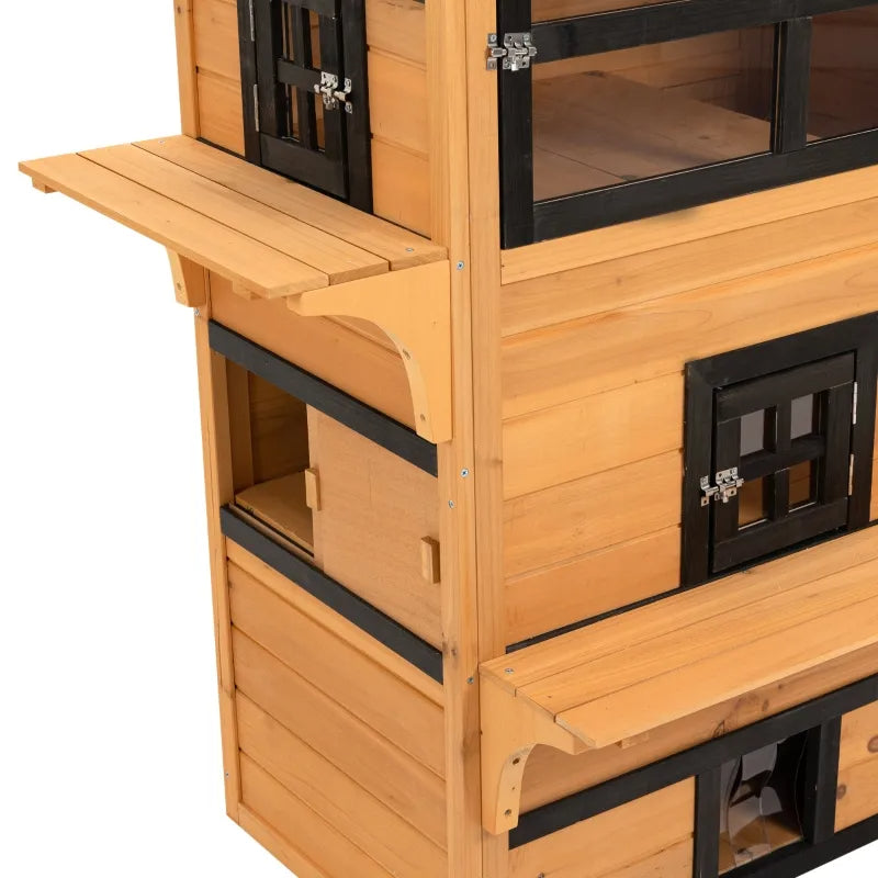 Outdoor Cat House with 5 Escape Doors Weatherproof Wooden Shelter - Yellow & Black