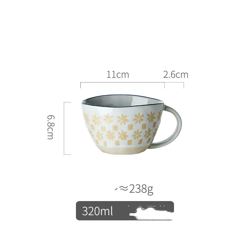 Retro Pastoral Water Mug Embossed Ceramic Drinkware with Handle