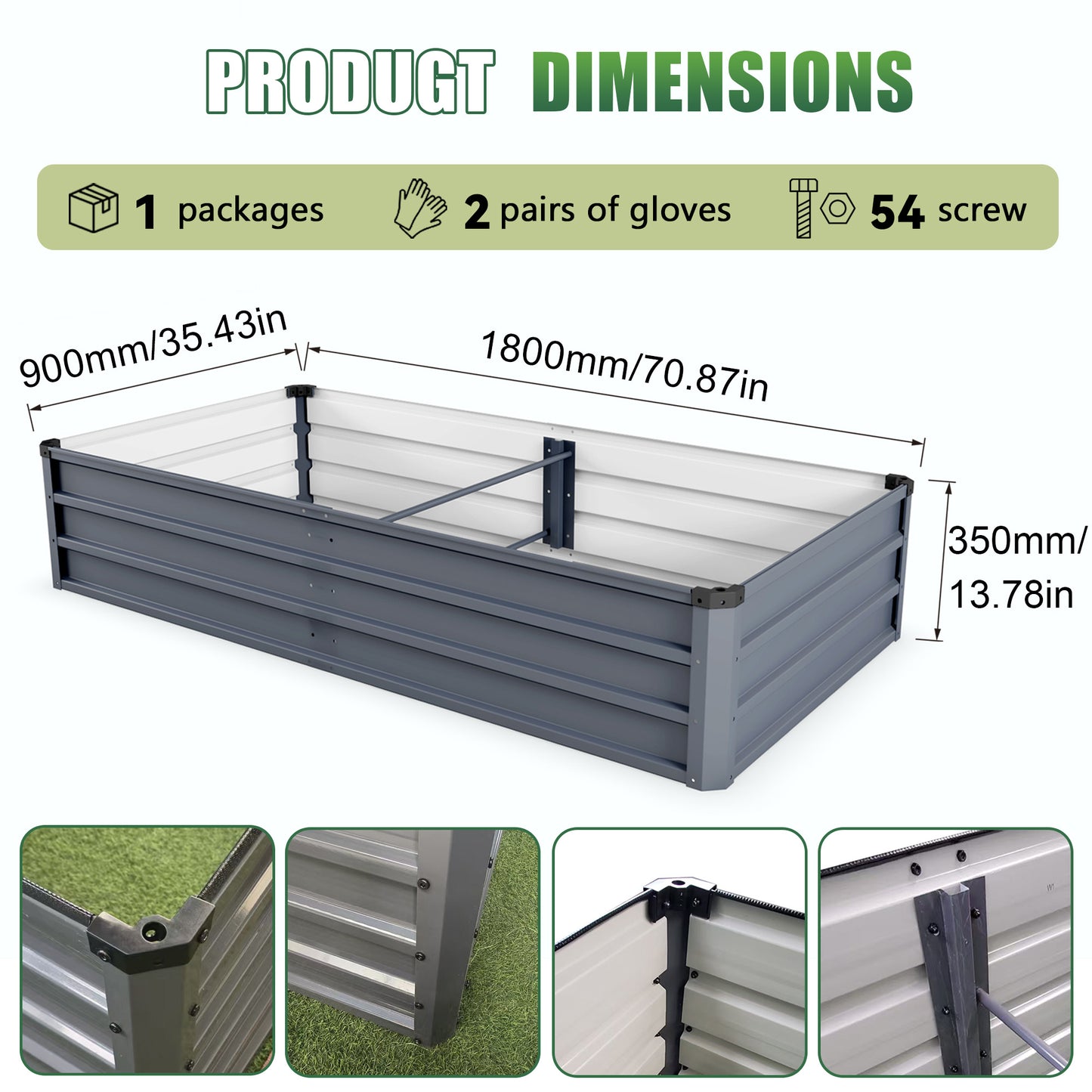 6x3x1ft Large Garden Bed, Grey Color Rectangular Galvanized Metal