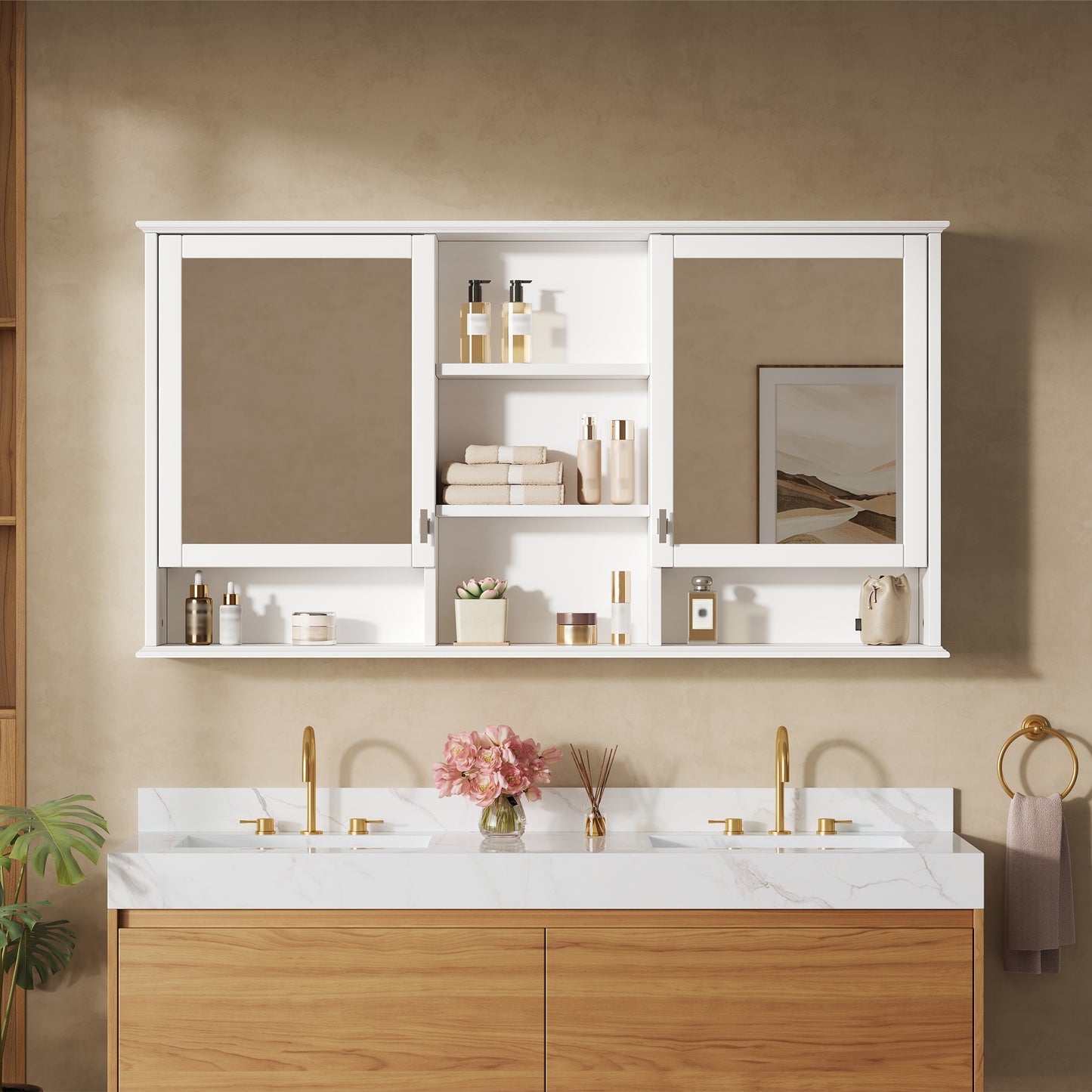 55-Inch Wall-Mount Mirror Cabinet with Adjustable Shelves - White