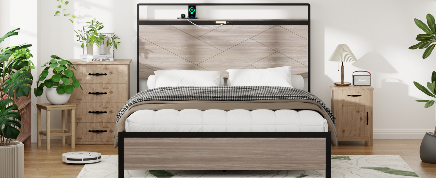 Full Metal Bed Frame with LED Headboard & USB Charging - Antique Gray