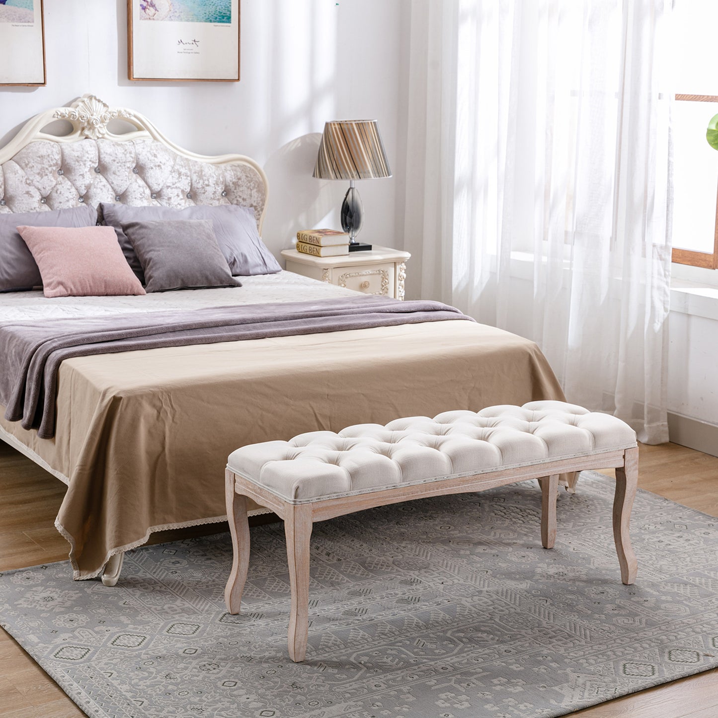 French Vintage Tufted Upholstered Bedroom Bench - Beige