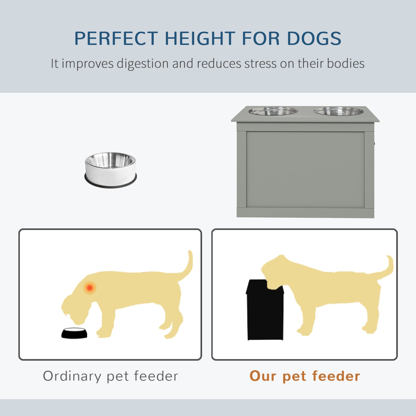 Raised Pet Feeding Station with 2 Stainless Steel Bowls for Large Dogs - Gray
