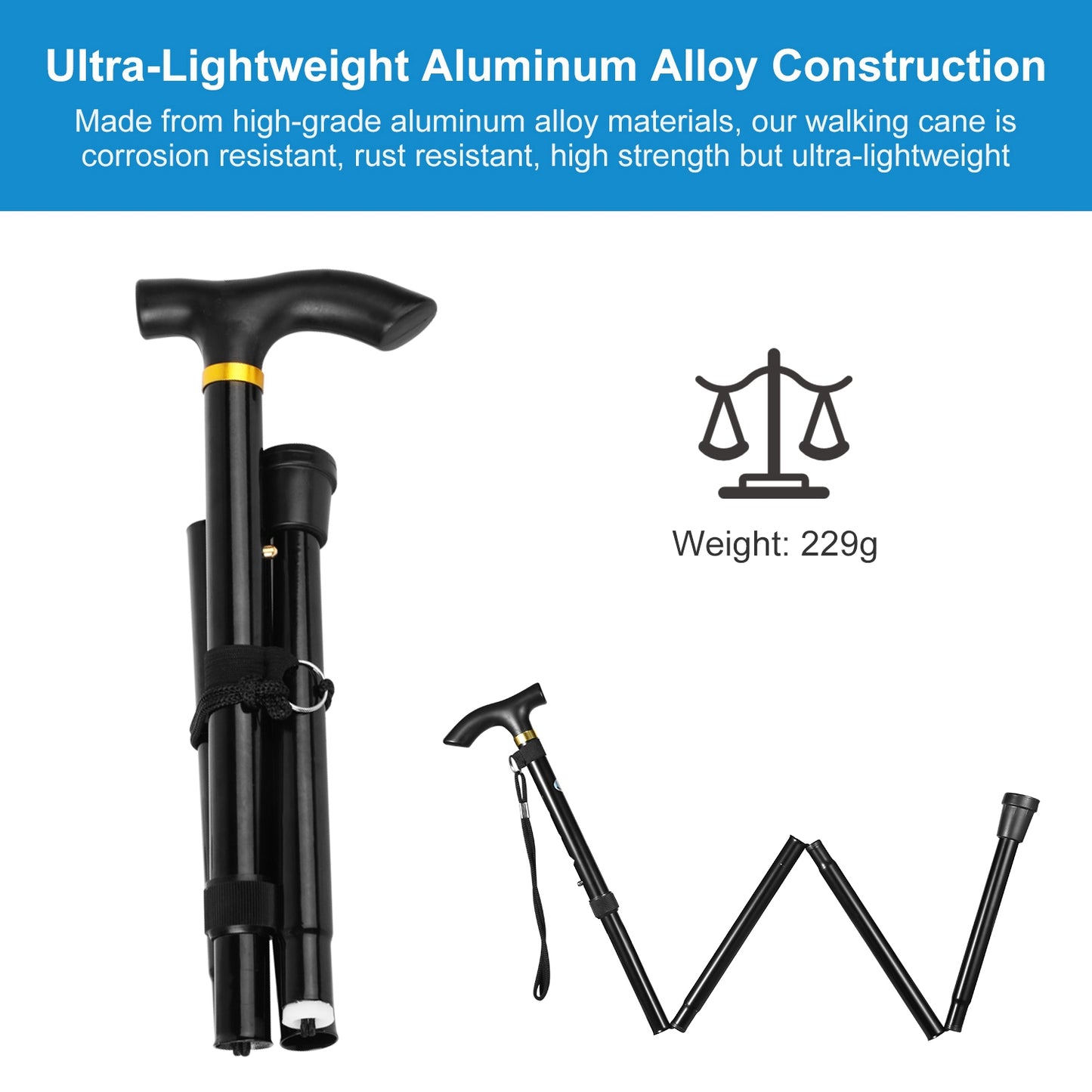 Adjustable Folding Walking Cane - Lightweight Aluminum Alloy