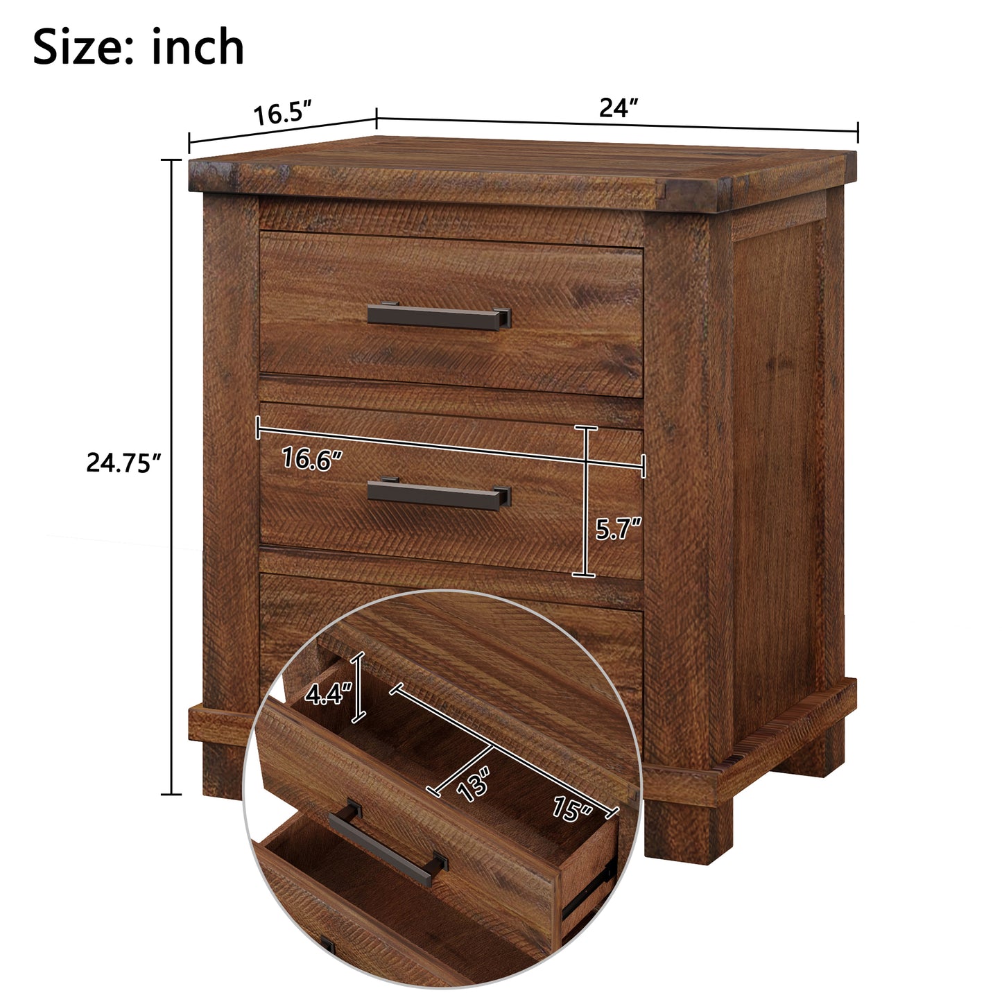 Rustic Three Drawer Reclaimed Solid Wood Farmhouse Nightstand Set Of
