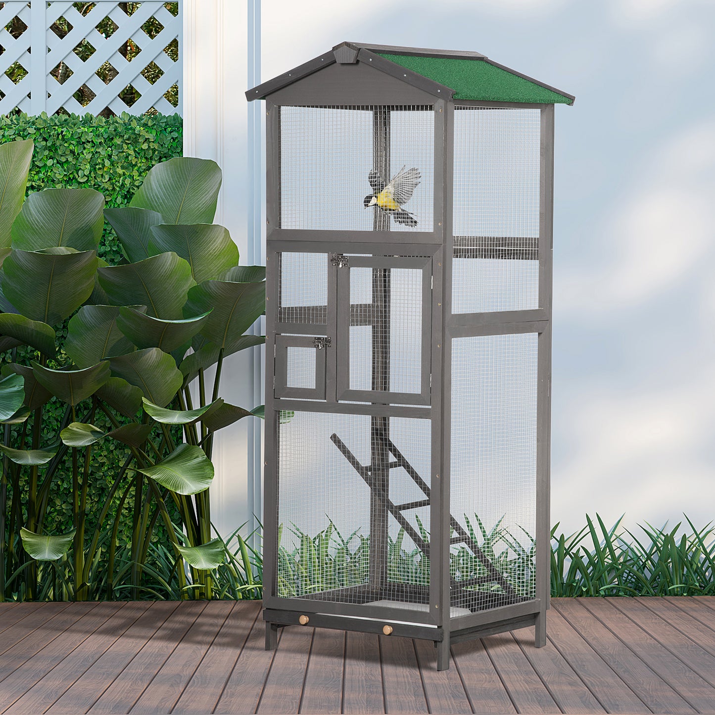 65-Inch Outdoor Wooden Bird Cage for Parrots & Small Birds with Pull-Out Tray - Grey