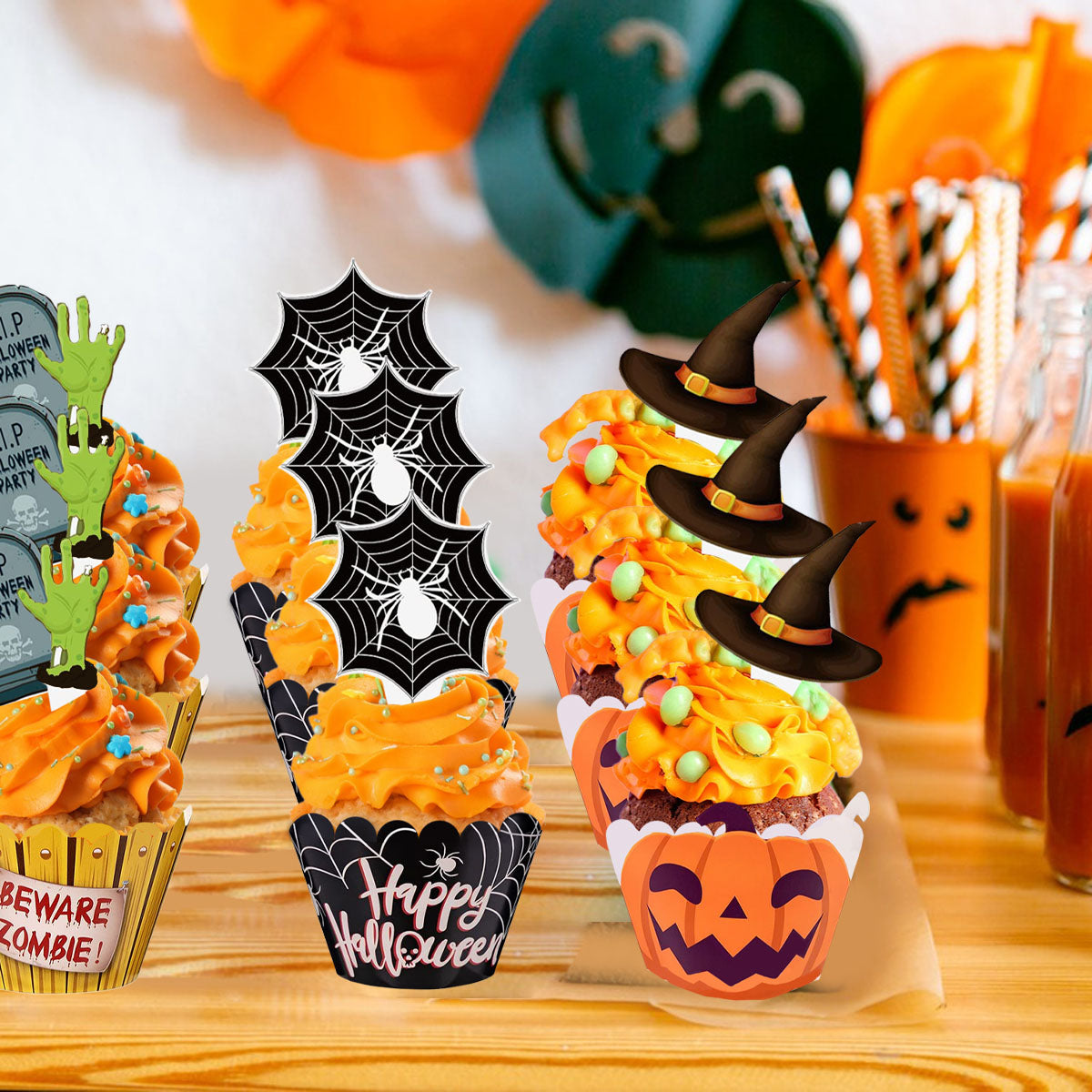 Halloween Cupcake Decoration Set - 48 Pcs Zombie Hand & Witch Hat Picks