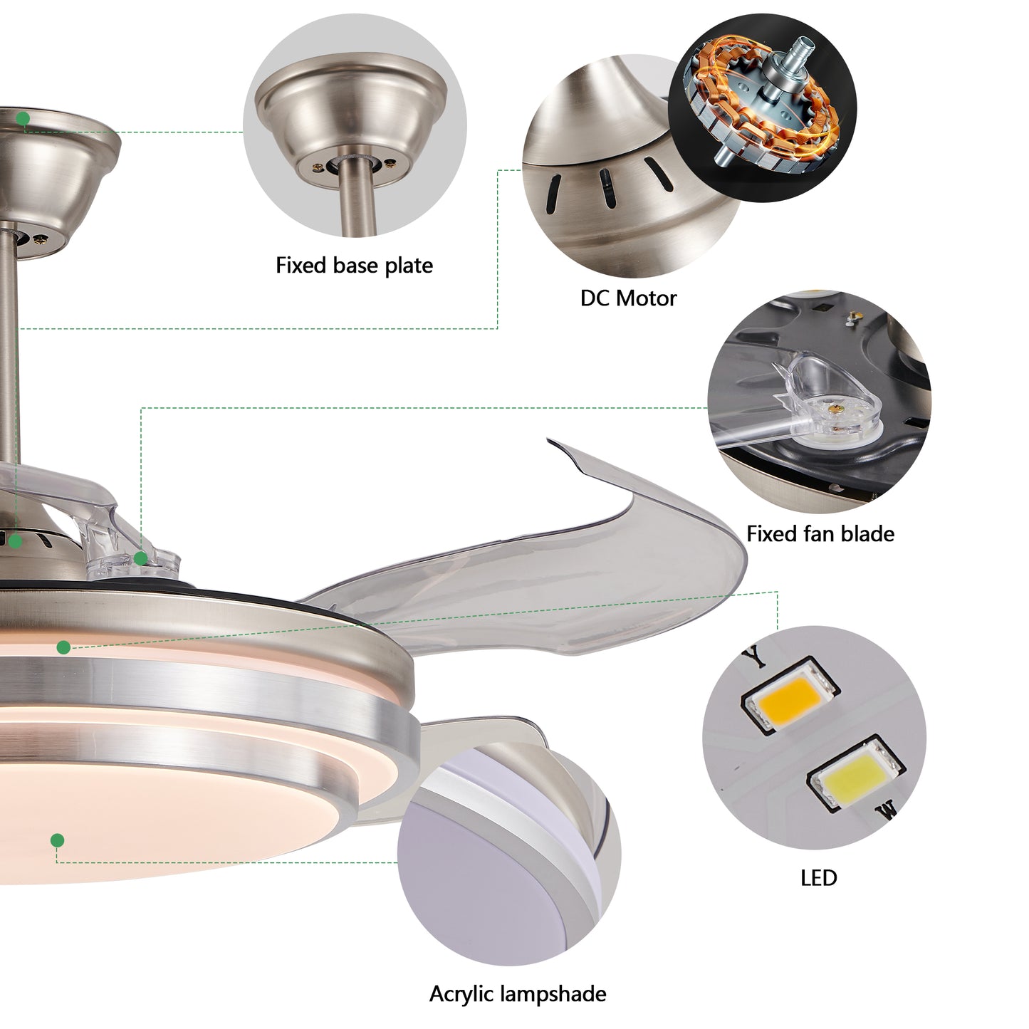 42-Inch Modern LED Ceiling Fan with Remote Control - Retractable Blades, 6-Speed, Quiet Operation