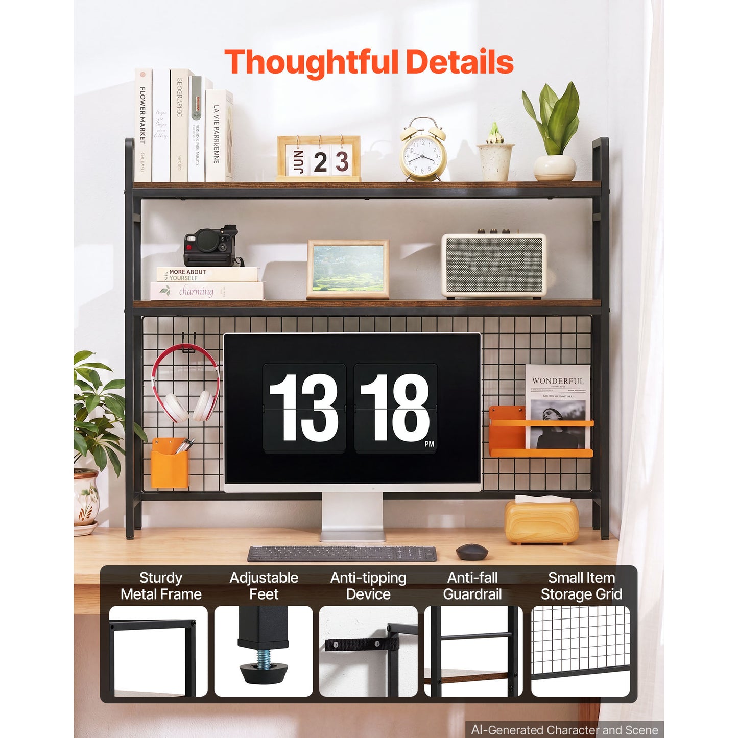 3-Tier Desktop Bookshelf with Metal Frame and Wooden Shelves - Black, Organizer for Dorm, Office, Home