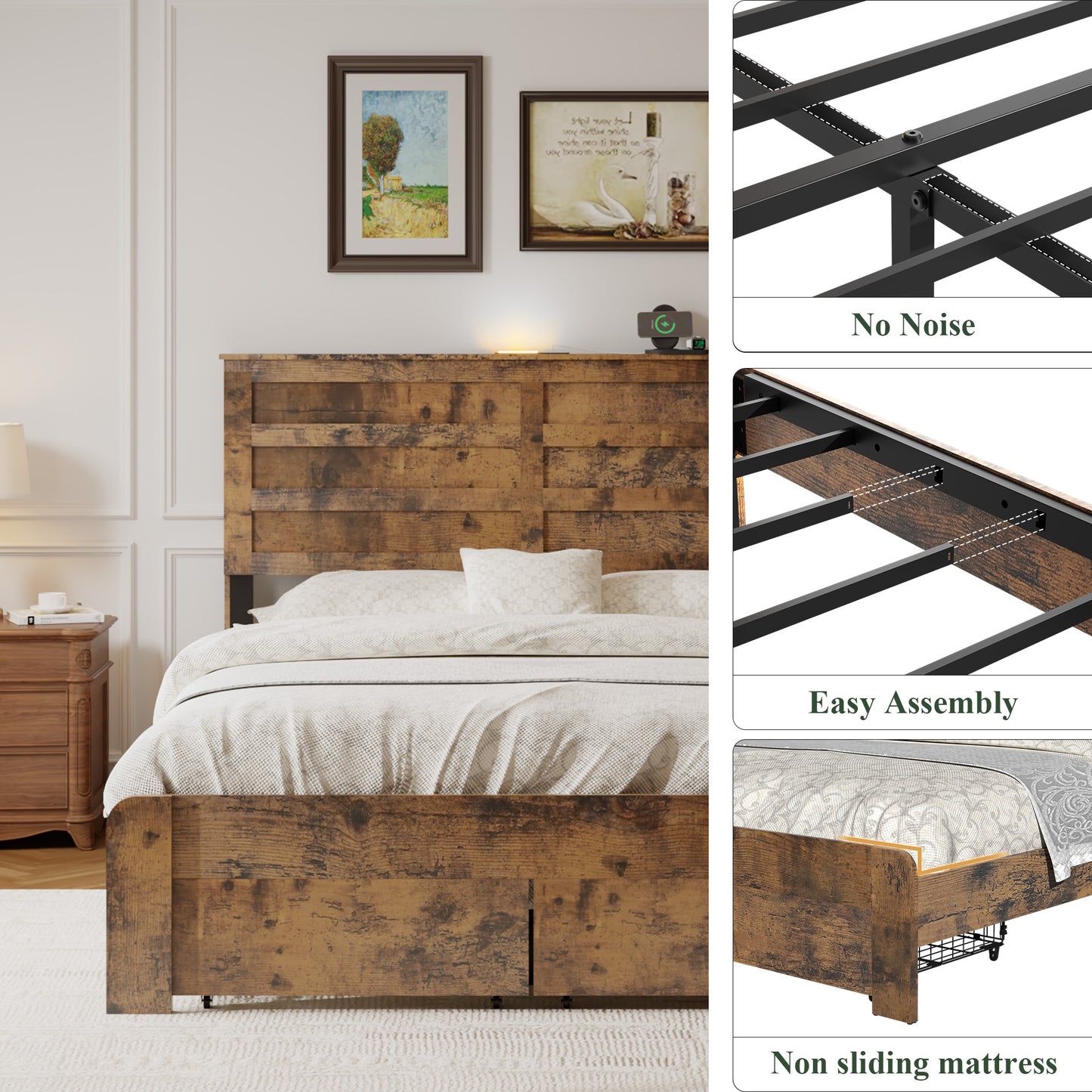 Queen Platform Bed Frame with LED Headboard, USB Charger & Drawers - Dark Brown