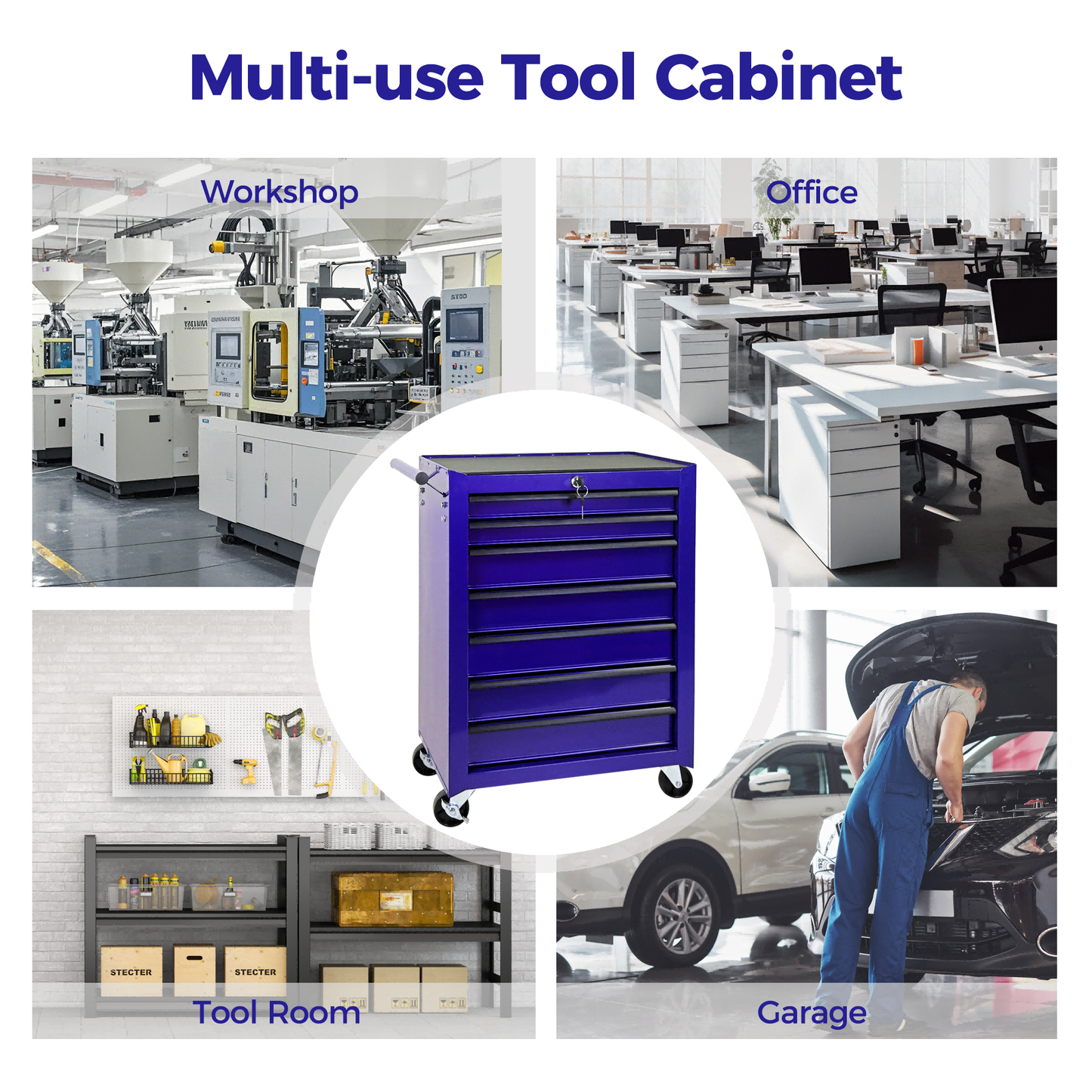 7-Drawer Metal Tool Storage Cabinet with Wheels and Detachable Top - Purple
