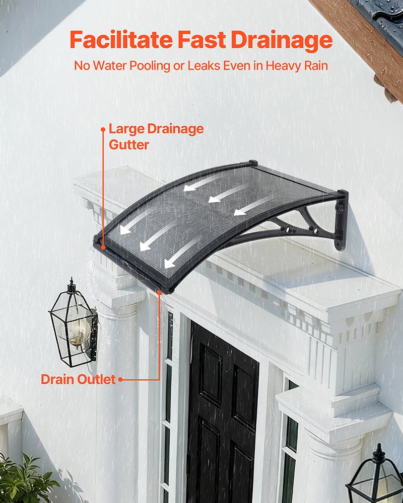 Outdoor Door Canopy Awning 24x24 Inch Polycarbonate Rain Snow Sun Shield with Drainage - Black