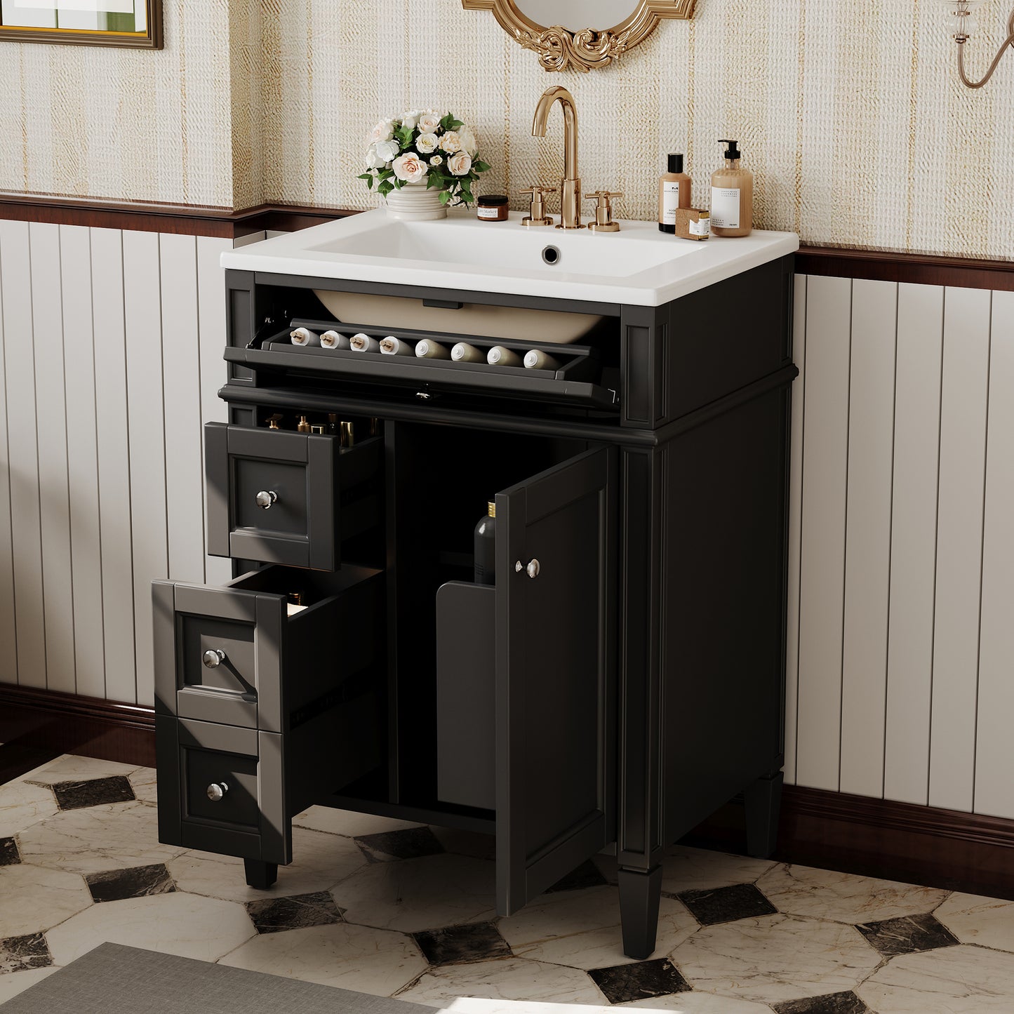 24-Inch Modern Bathroom Vanity with Sink and Storage - Black