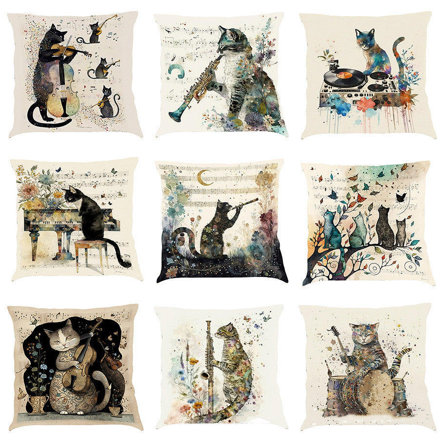 Musical Cats Printed Cotton Linen Pillowcase - Home Decor & Bedding