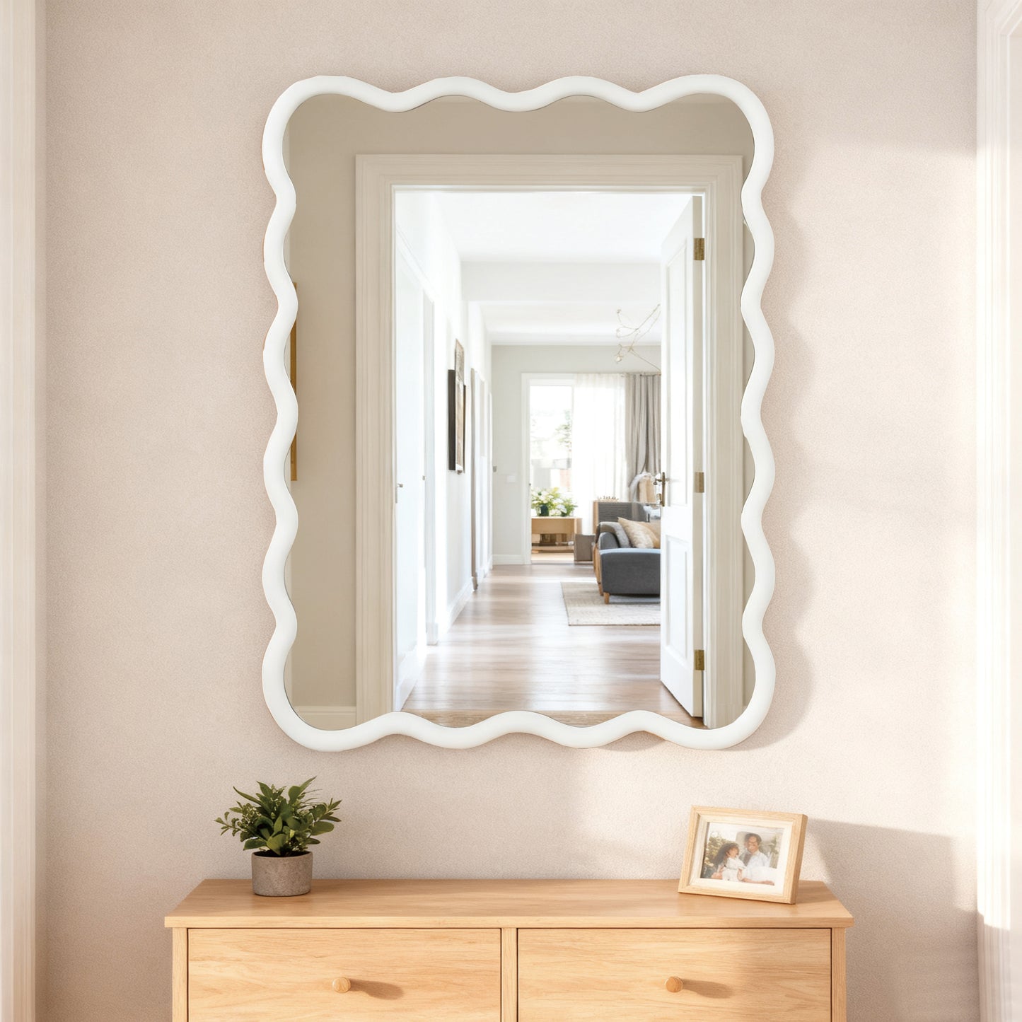 30x40 Wavy Rectangle Solid Wood Frame Decorative Mirror - White