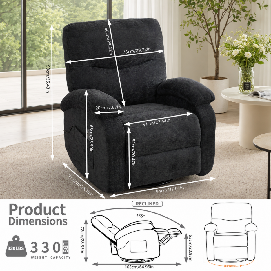 Extra-Large Manual Lift Recliner Chair with Heat & Massage - Black