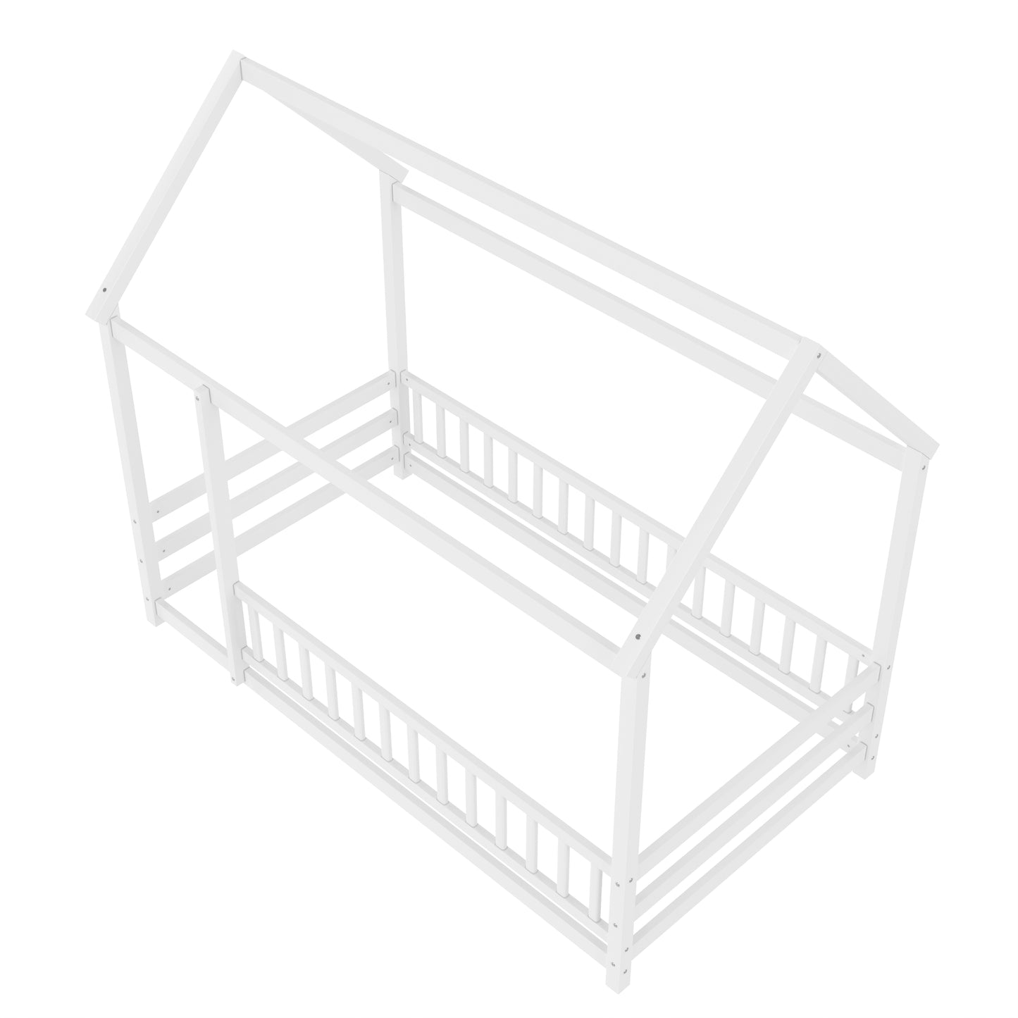 Twin Size Wooden Bed with House Roof Frame and Guardrails - White
