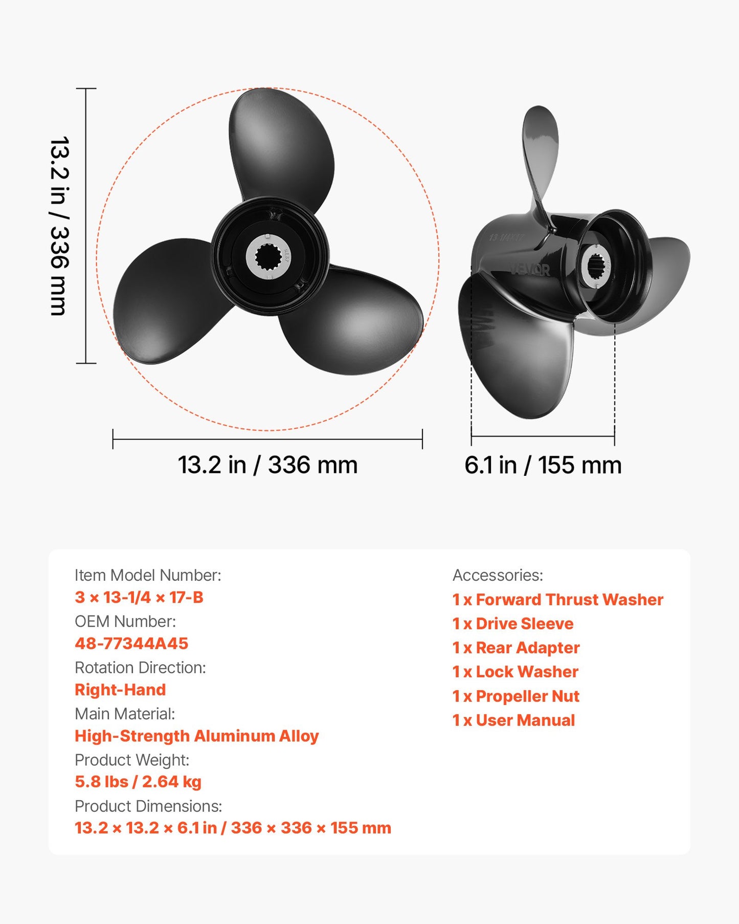 Boat Outboard Propeller 3-Blade RH Aluminum Replacement for Mercury 40-140 HP