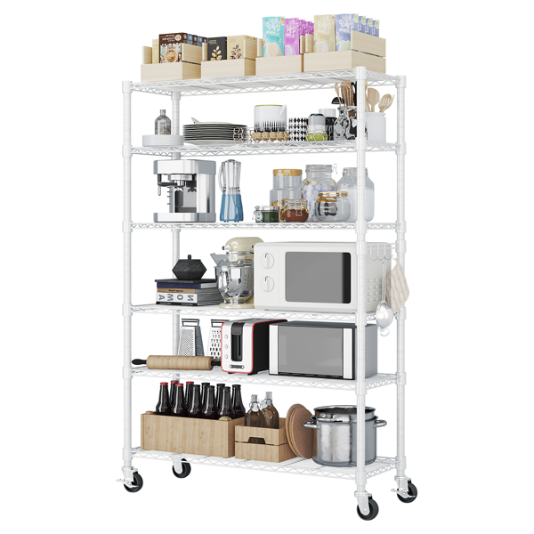 Modular 6-Tier Display Shelf with Adjustable Feet & Wheels - White