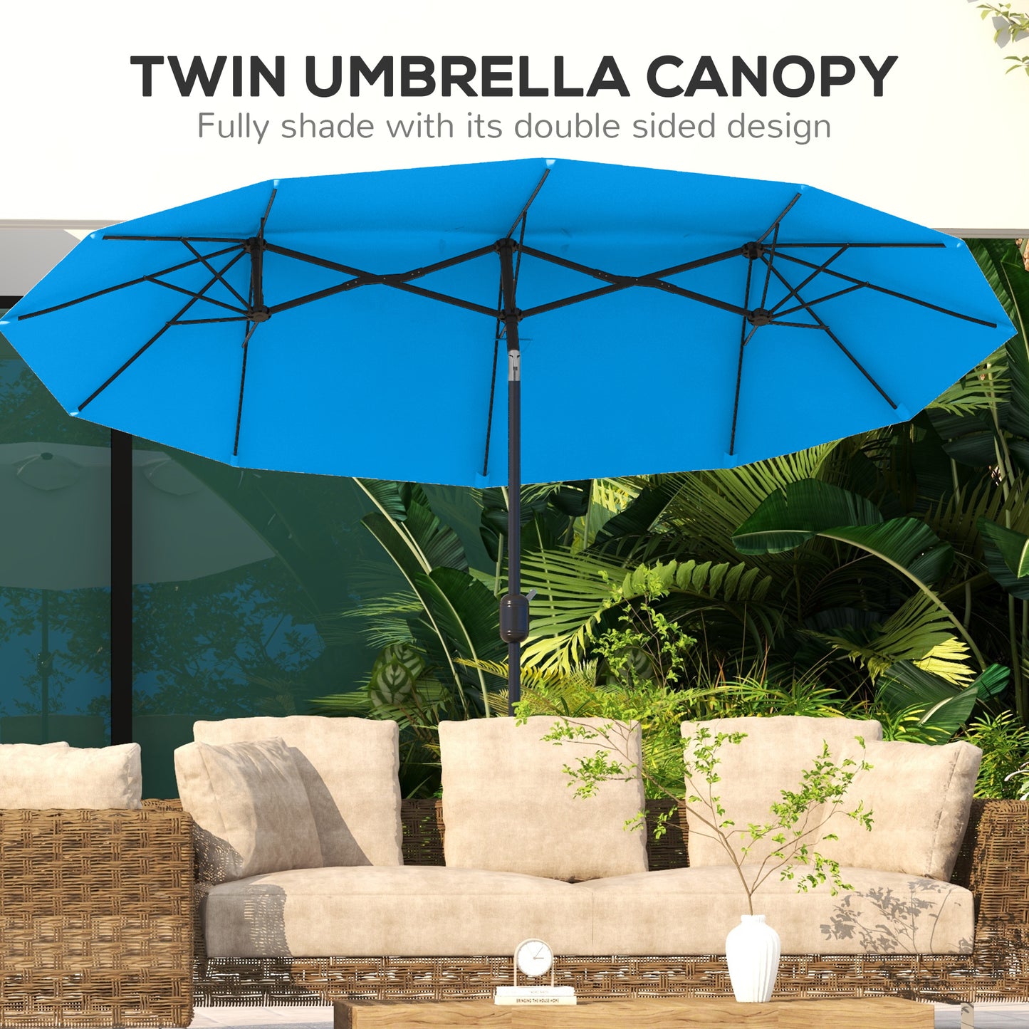 Double-Sided Patio Umbrella with Push Button Tilt - Cyan Blue