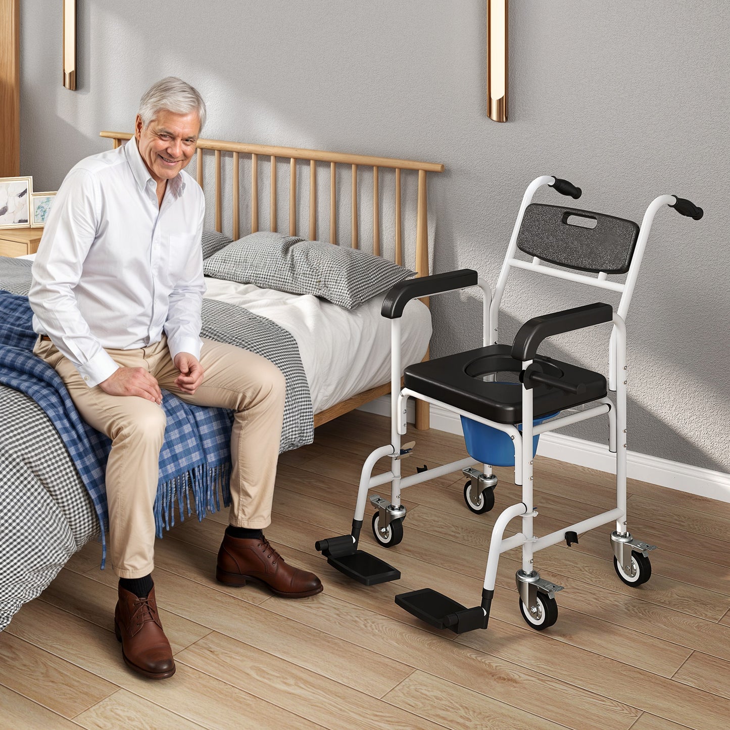 4-in-1 Shower Wheelchair for Seniors - Commode Chair with Locking Wheels, Black