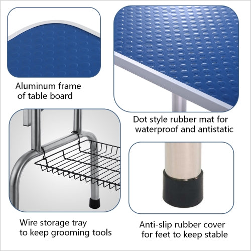Large 46-Inch Pet Grooming Table with Adjustable Arms for Dogs & Cats - Heavy Duty Stainless Steel Frame, Rubber Surface, Blue