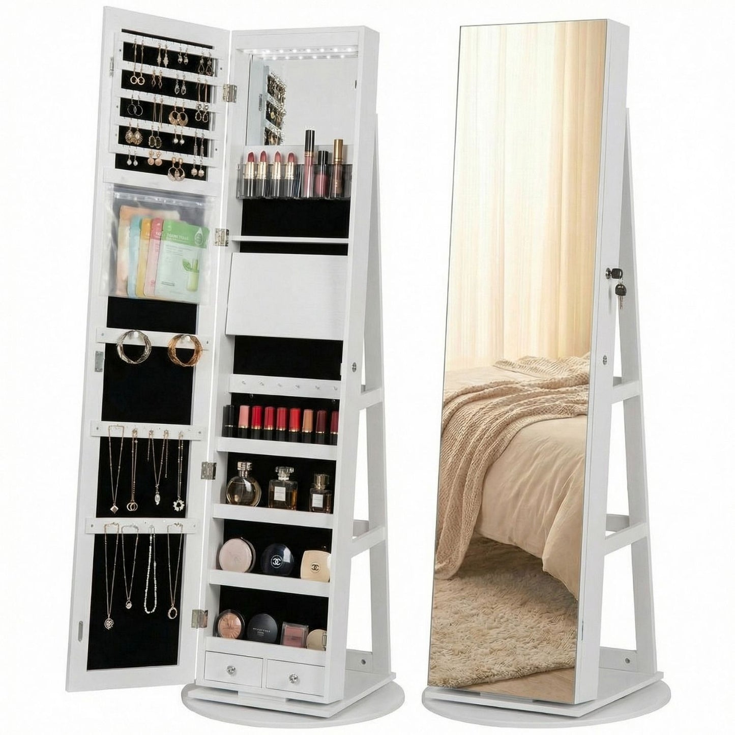 Rotating Jewelry Armoire with Full Length Mirror - Multiple Colors