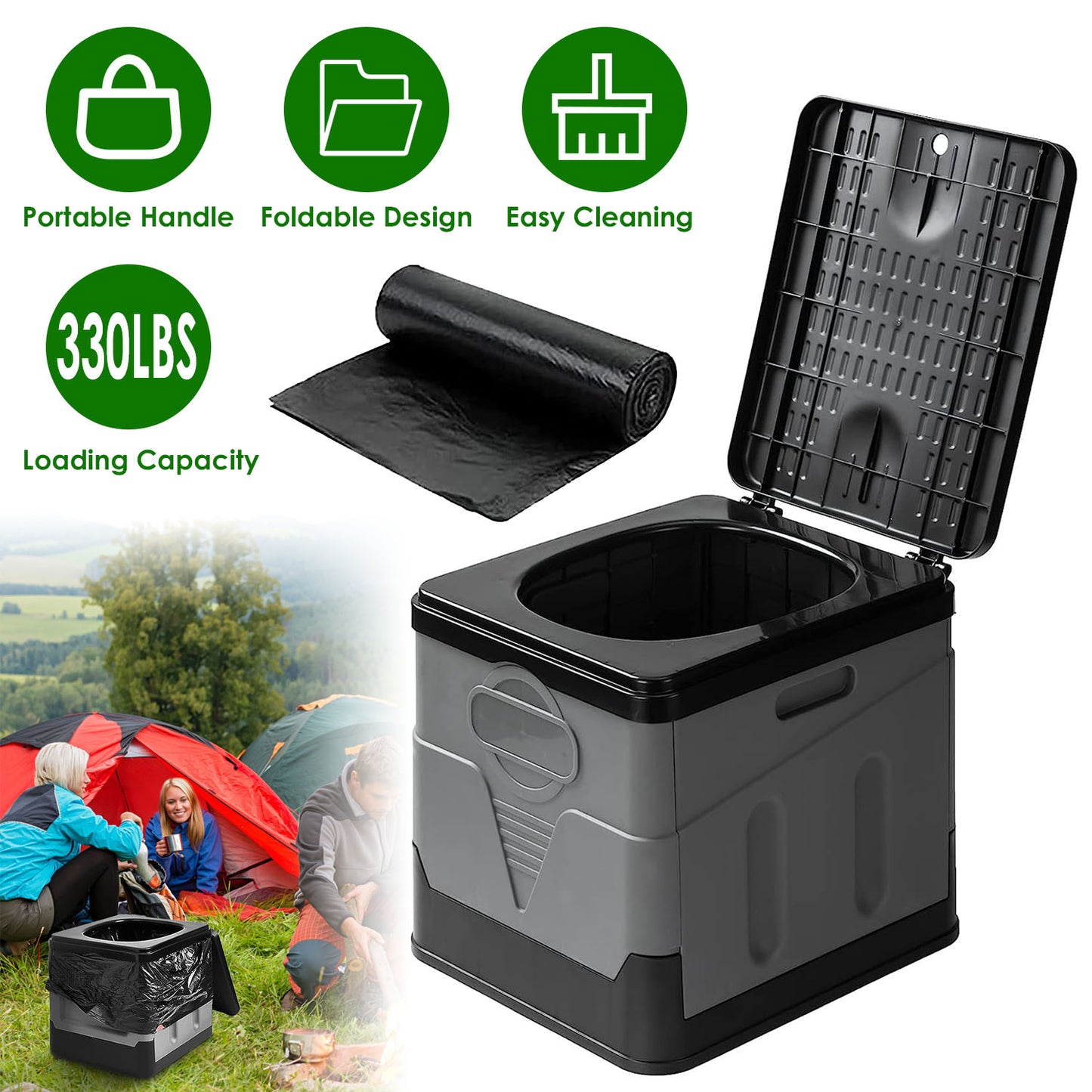 Portable Outdoor Toilet with Lid - 20L Capacity, Collapsible