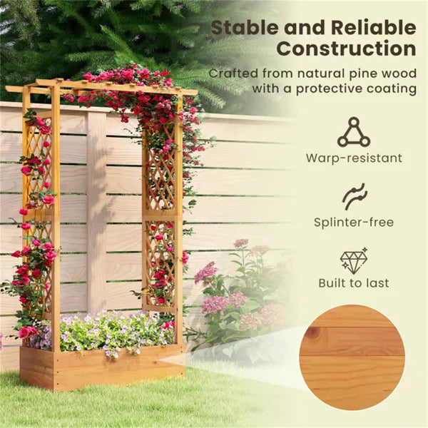 70-Inch Tall Pine Wood Garden Bed with Trellis & Flat Roof for Climbing Plants