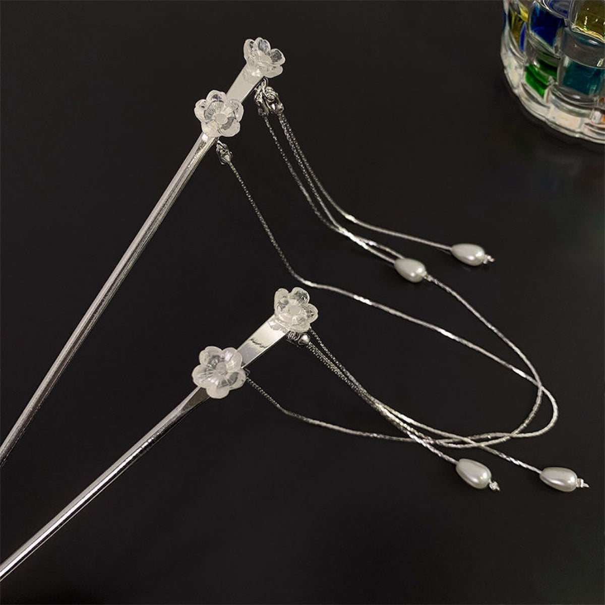 Silver Pearl Flower Hairpin - Antique Geometric Design