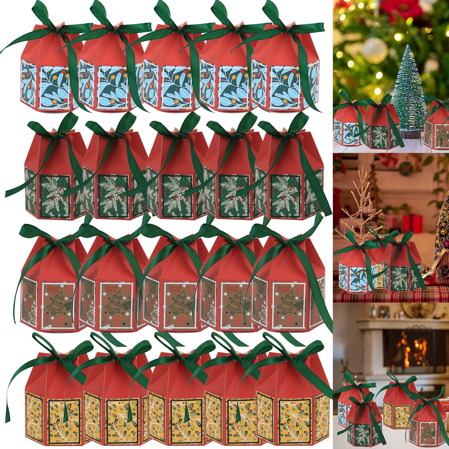 20 PCS Christmas Treat Boxes with Ribbons - Holiday Goodie Boxes