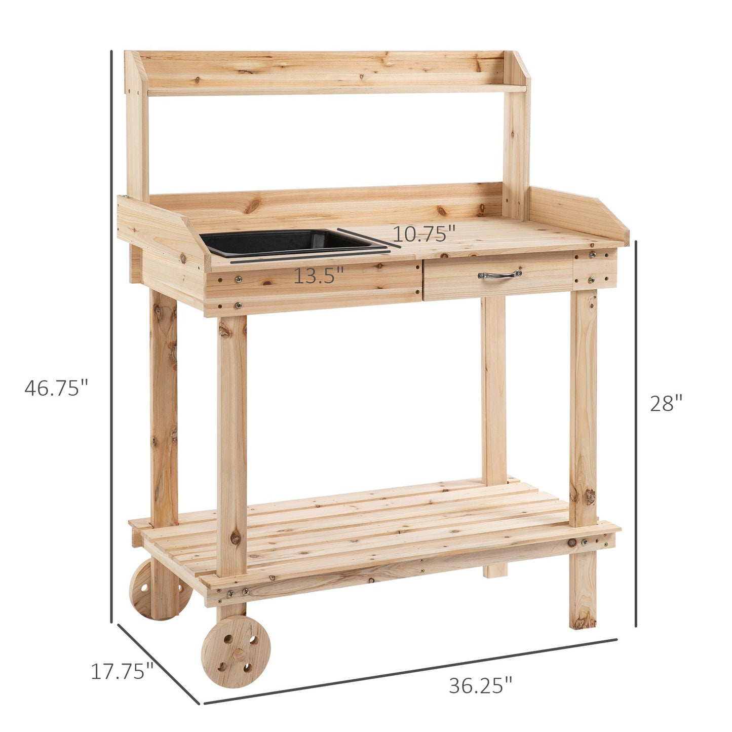 36-Inch Wooden Potting Bench Work Table with Removable Sink & Wheels