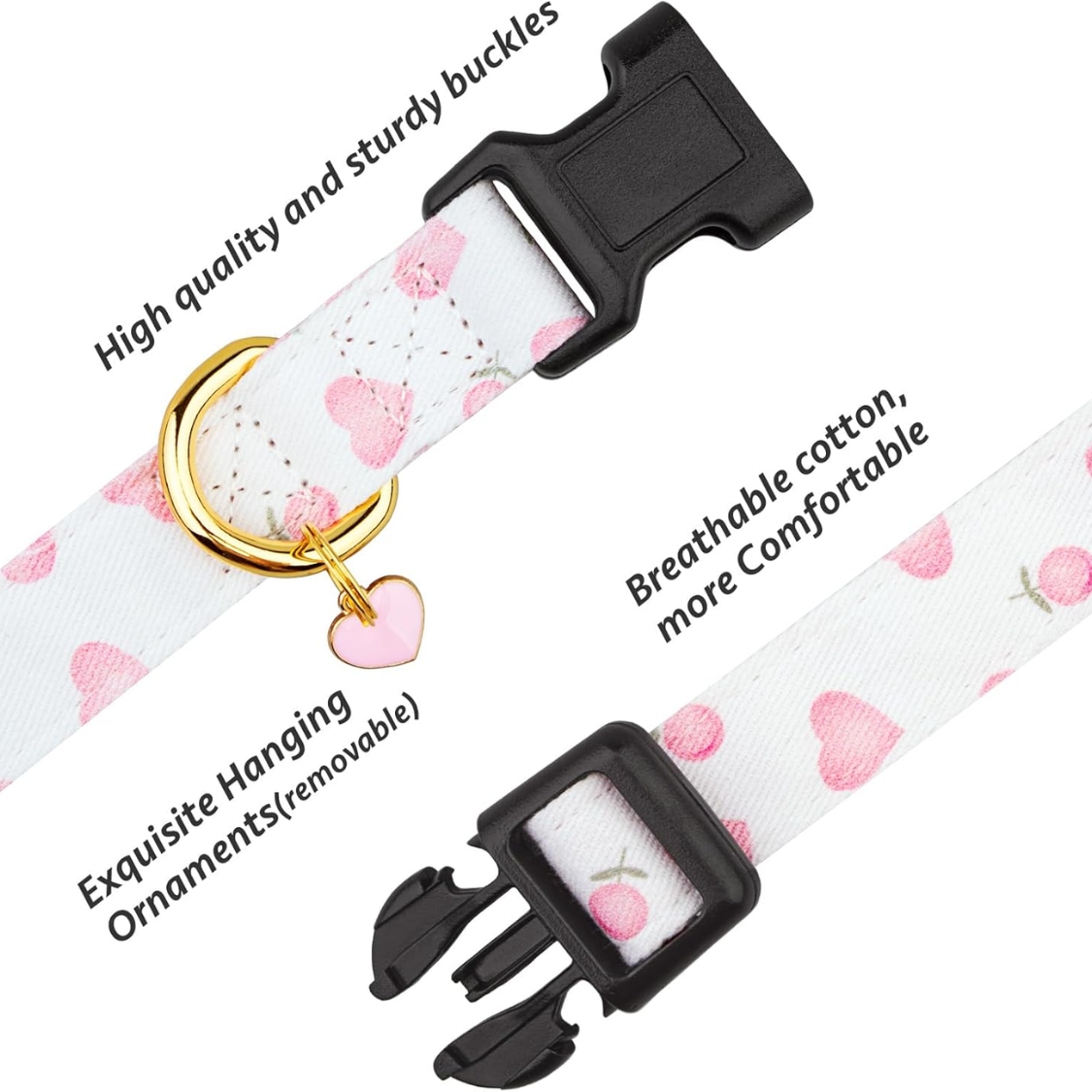 Dog Collar White and Pink Heart Pendant - Adjustable, Cute Pet Necklace