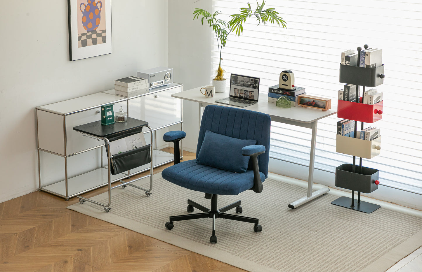 Blue Modern Linen Criss Cross Armrest Office Chair