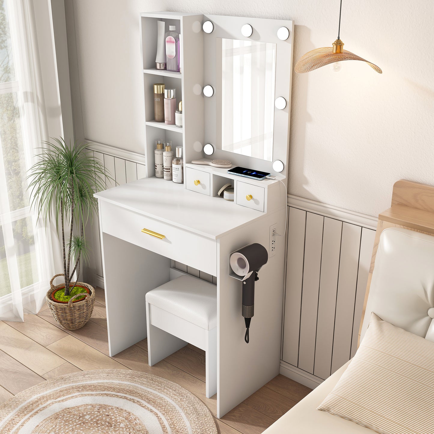 Vanity Table With Mirror & Adjustable LED Lights, Power Outlet,