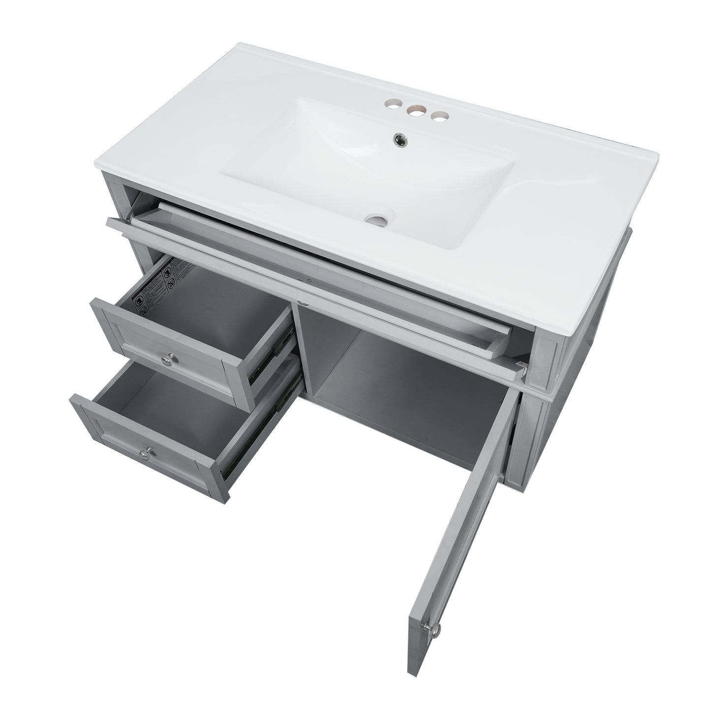 36-Inch Wall-Mounted Bathroom Vanity with Ceramic Sink & Drawers - Gray