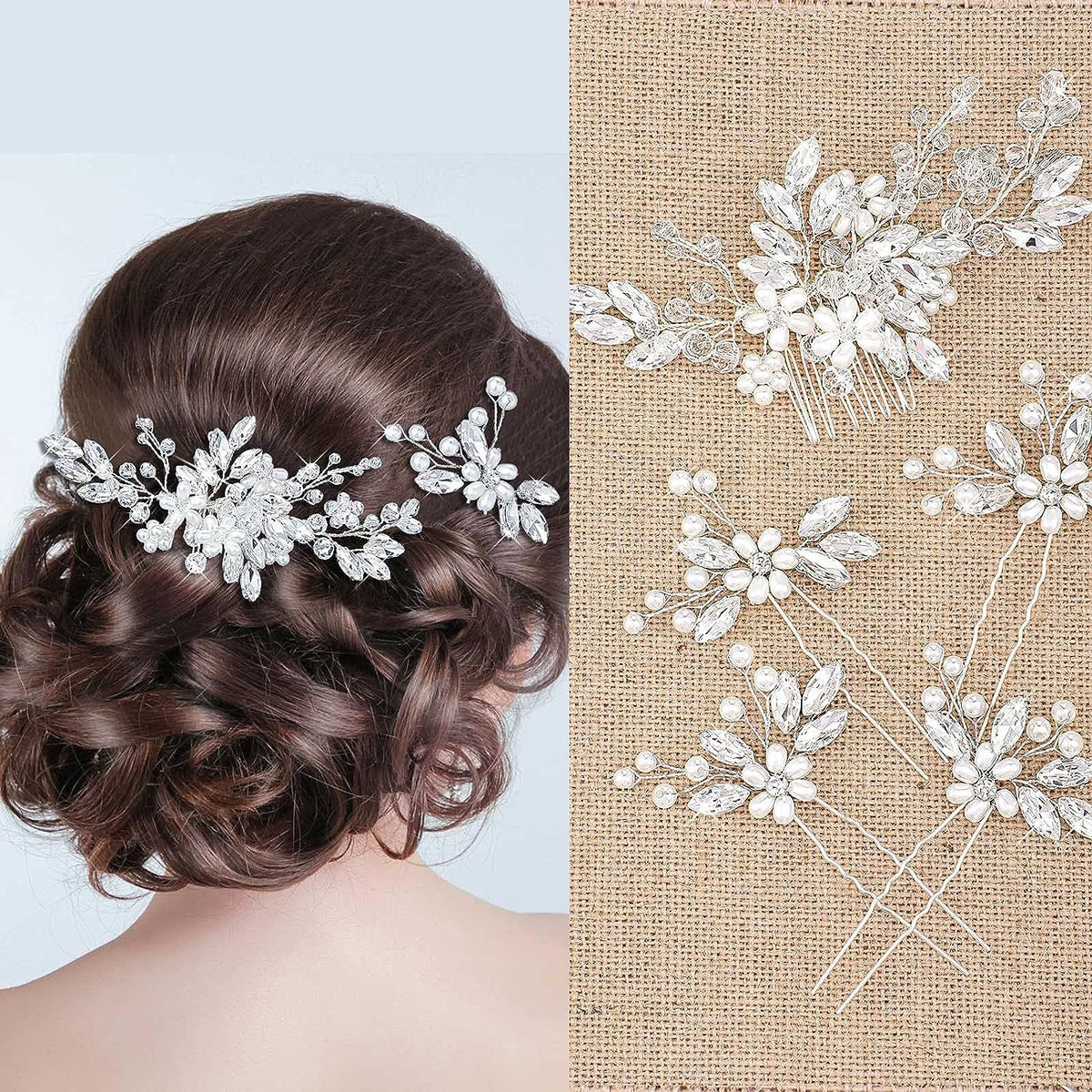 Bridal Pearl Crystal Hair Comb Set - 5pc
