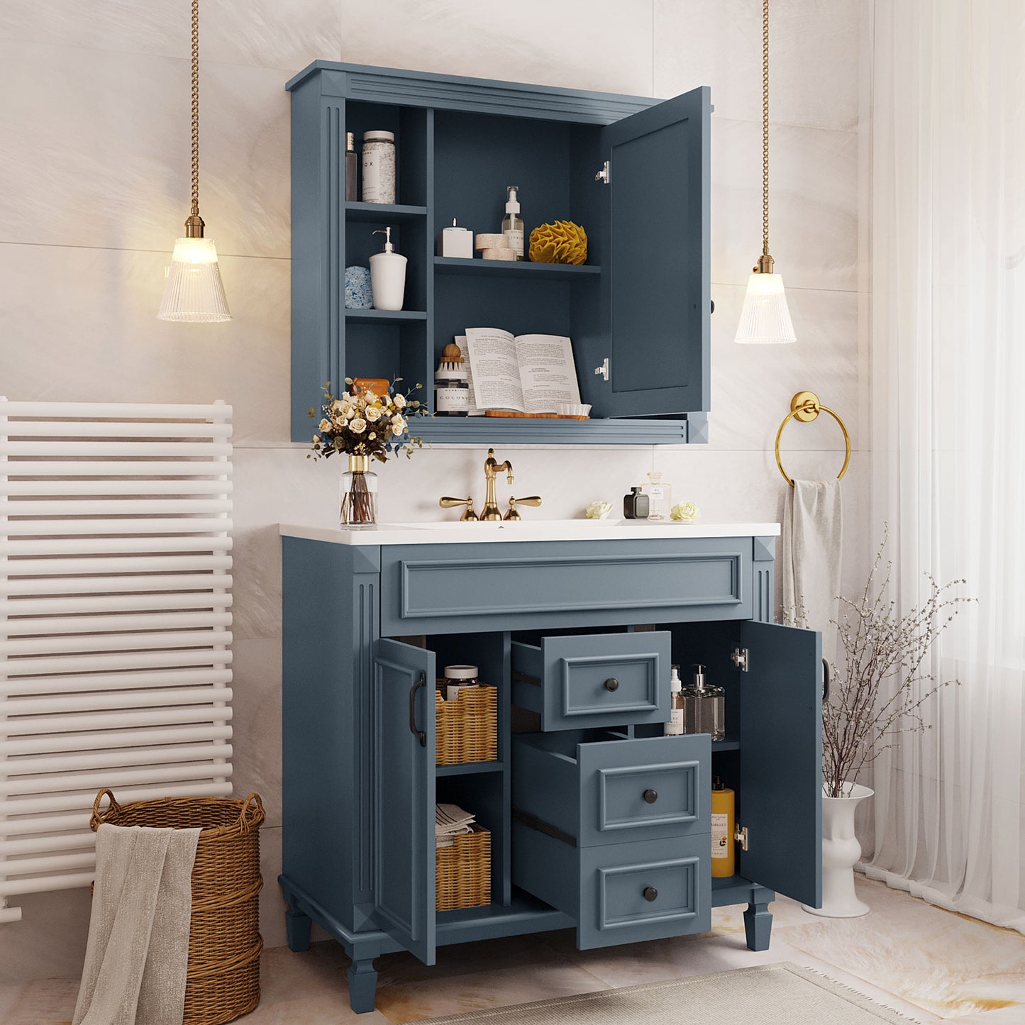 36'' Modern Bathroom Vanity with Blue Sink & Mirror Cabinet