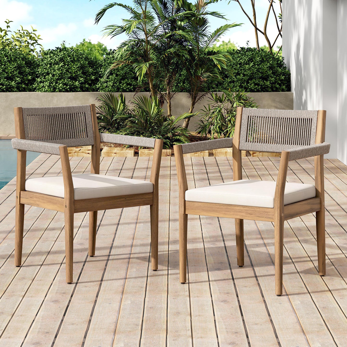 Braided Acacia Wood Outdoor Dining Chairs Set Of 6 -Teak Look With