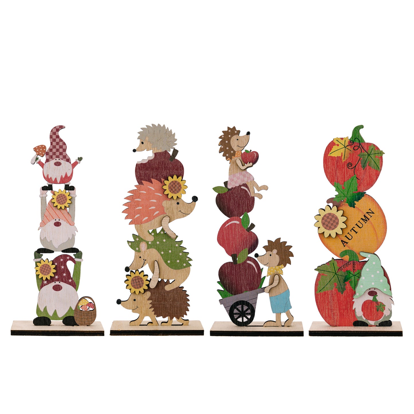 Harvest Season Wooden Christmas Ornaments Set - Hedgehog, Pumpkin, Apple & Doll Styles
