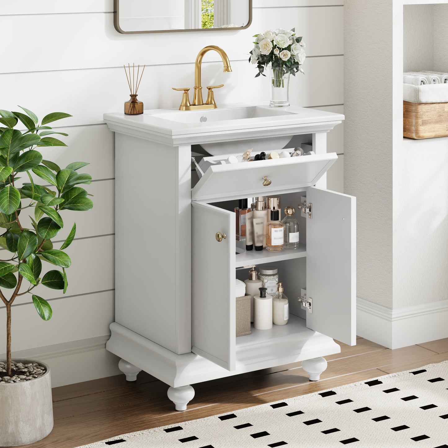 24" Modern Bathroom Vanity with Tip-Out Drawer - White