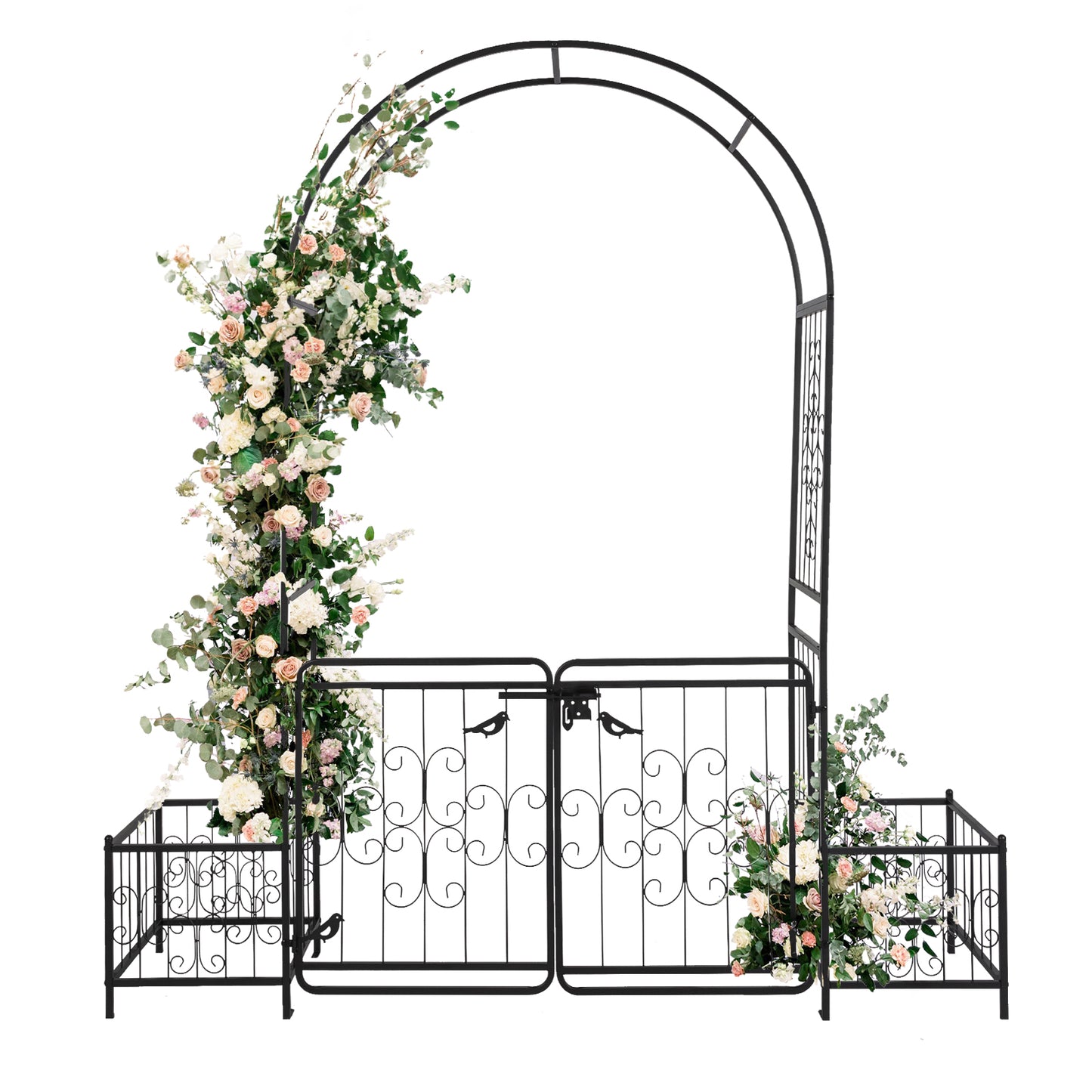 Garden Arbor Arch with Gate and Planter Box - Black Iron Support for Climbing Plants